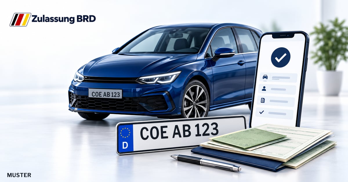 Online Fahrzeugzulassung in Coesfeld: Musterkennzeichen COE AB 123, Auto und Fahrzeugpapiere und Smartphone. Illustration mit Logo von Zulassung BRD.